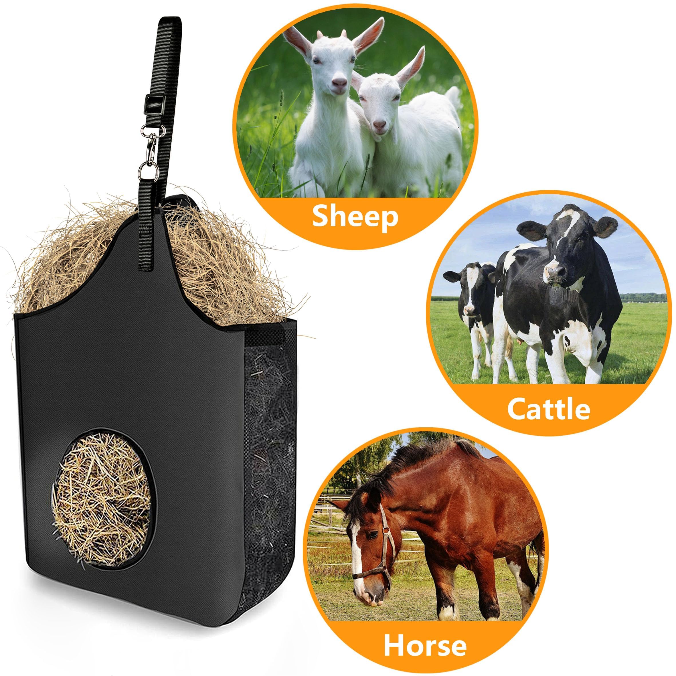 INKNOTE hay bag with metal ring hanger for secure wall or fence mounting.