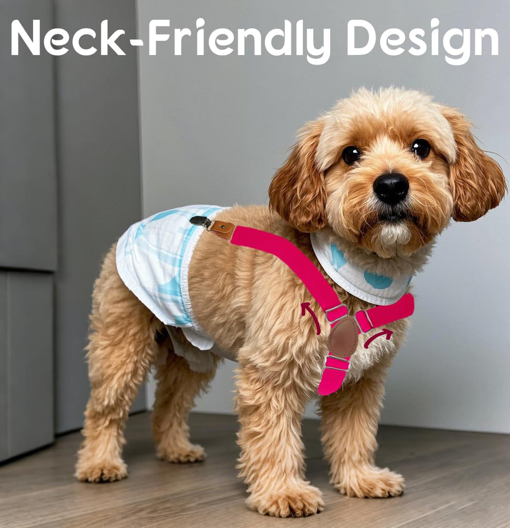 INNERZEN diaper suspenders in black and purple worn by a dog for comfort.