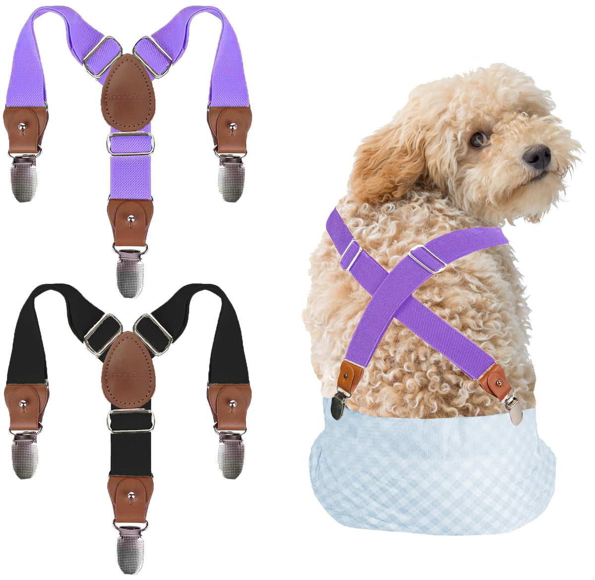 INNERZEN dog diaper suspenders front view showing secure fit.