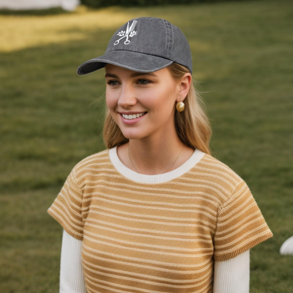 INNObeta cap grey worn during a festive gift exchange with vintage denim-inspired look