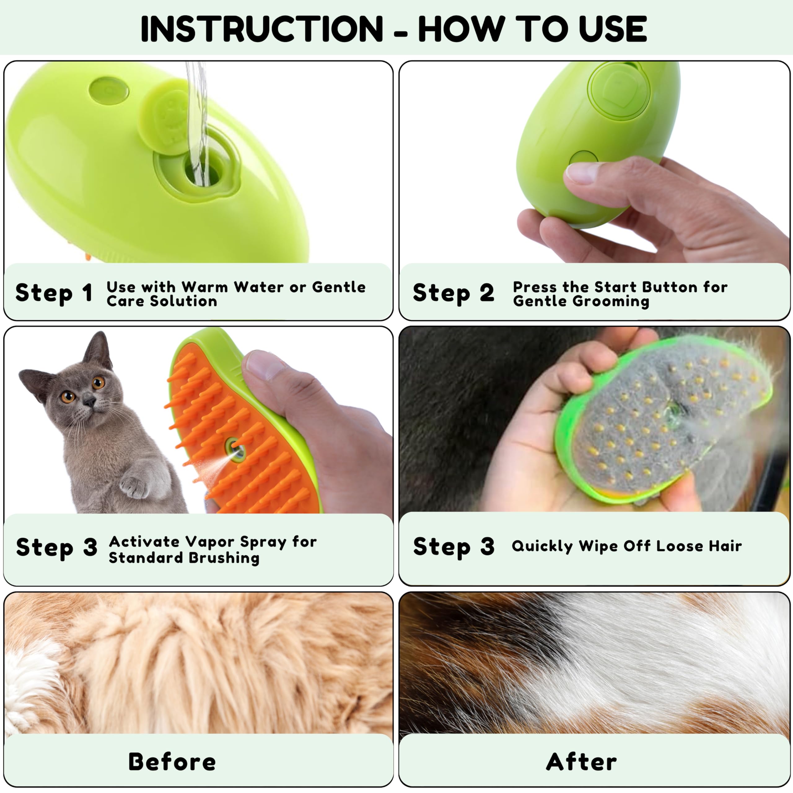Innosel Cat Steam Brush - anti-static spray helps reduce flyaways during grooming.