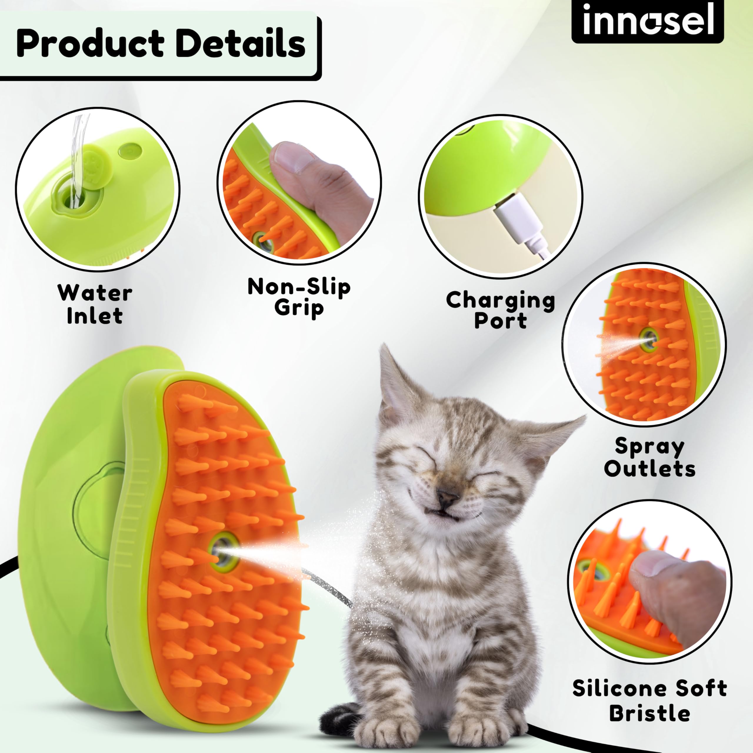 Innosel Cat Steam Brush - steam function softens fur to ease detangling.