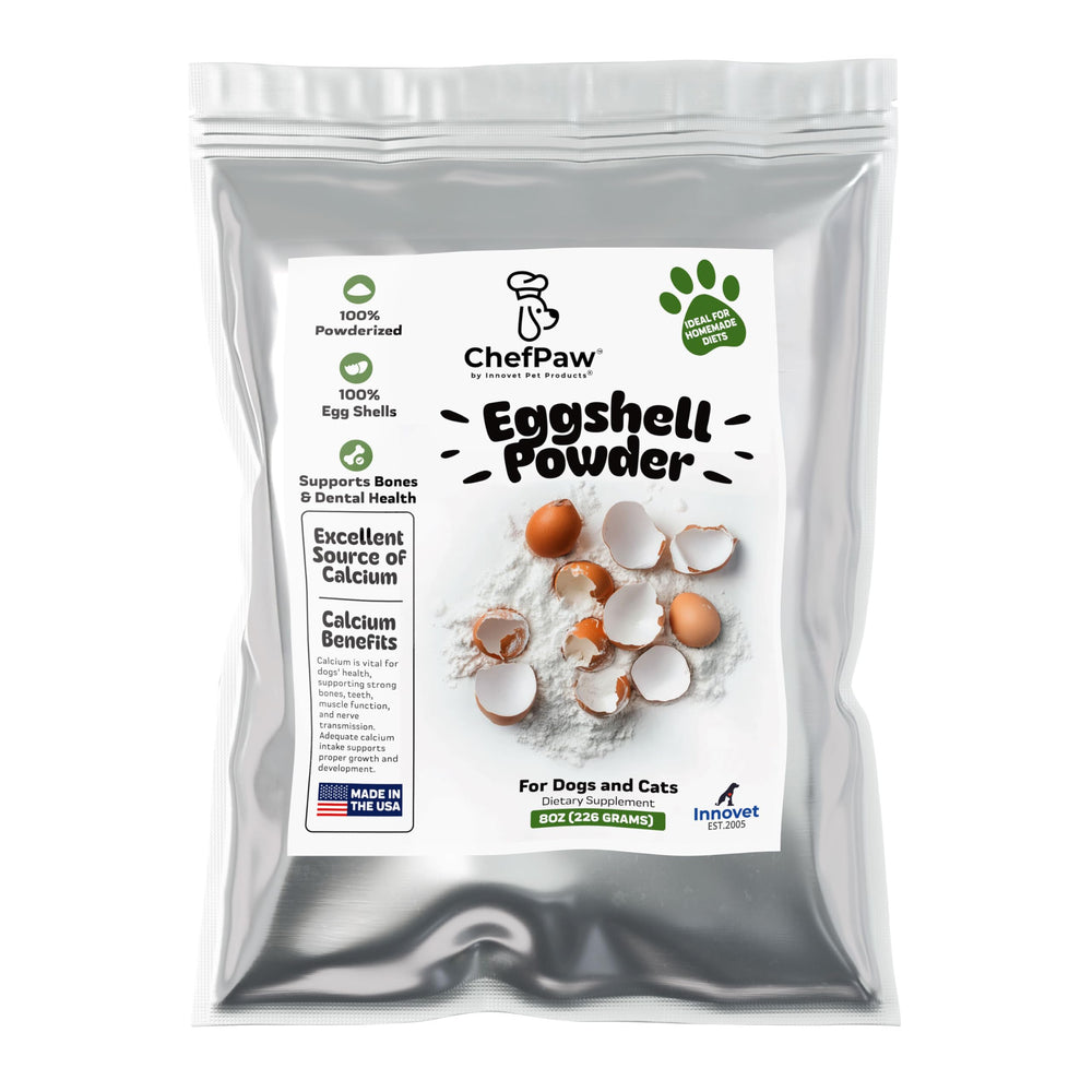 Innovet ChefPaw eggshell powder bottle shows calcium supplement for bone support