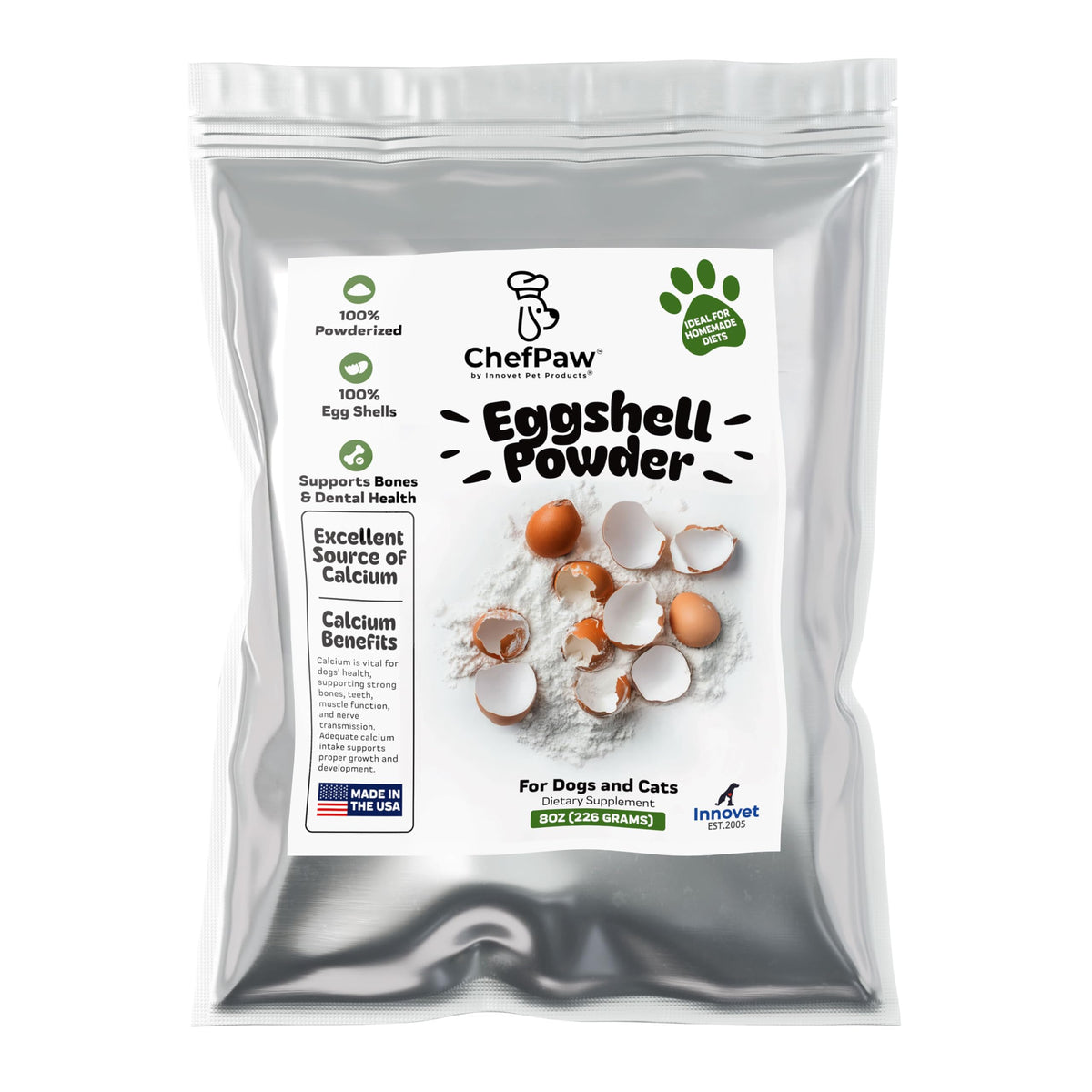 Innovet ChefPaw eggshell powder bottle shows calcium supplement for bone support
