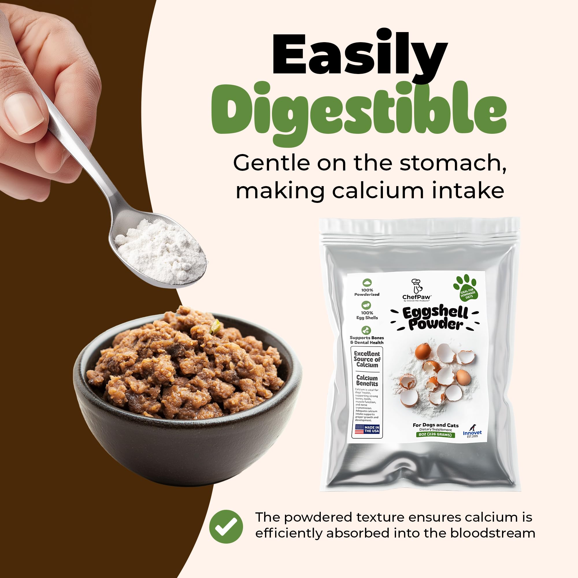 Innovet ChefPaw eggshell powder packaging back highlights powderized calcium for absorption
