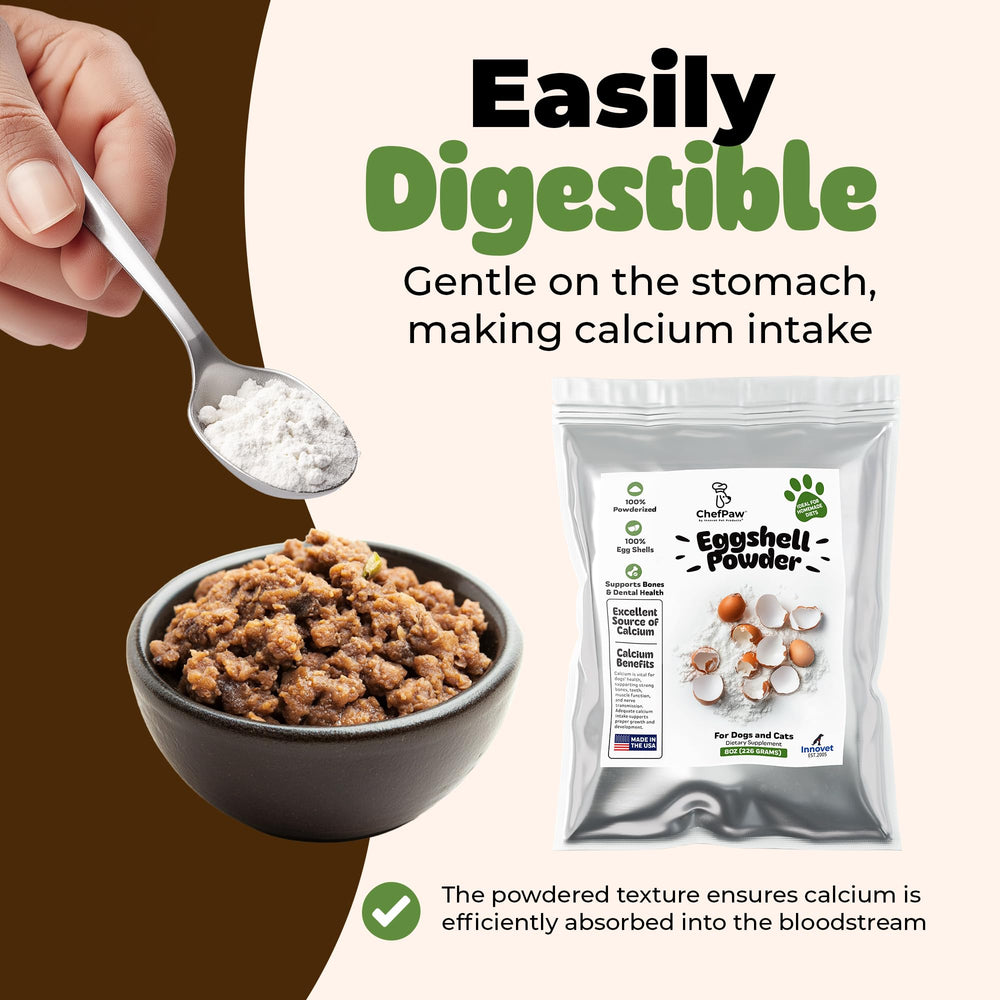Innovet ChefPaw eggshell powder packaging back highlights powderized calcium for absorption