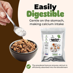 Innovet ChefPaw eggshell powder packaging back highlights powderized calcium for absorption
