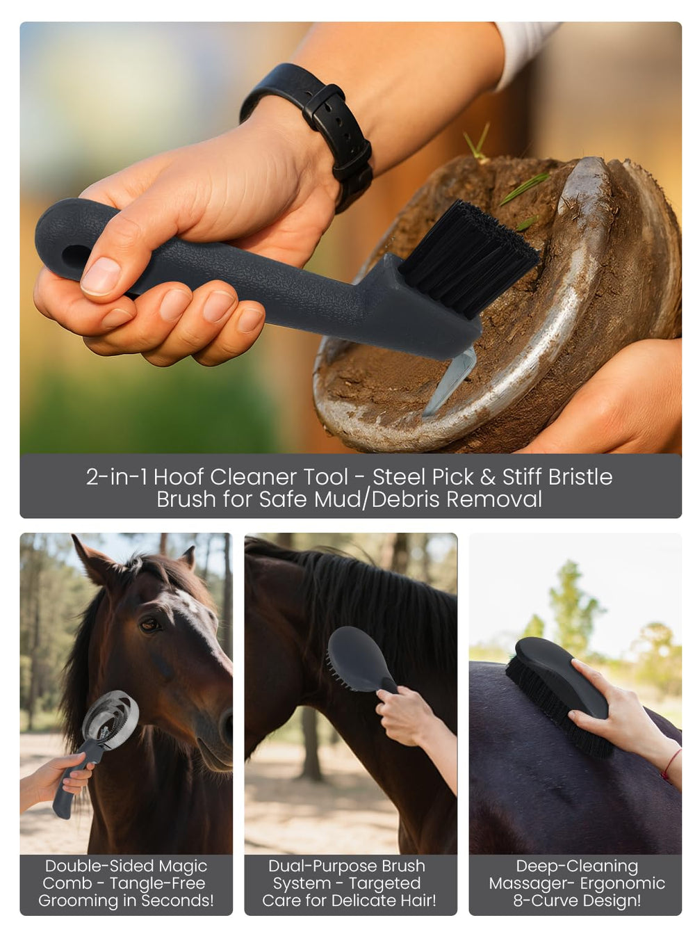 inoreal horse grooming kit hoof-pick image emphasizes hoof care with brush