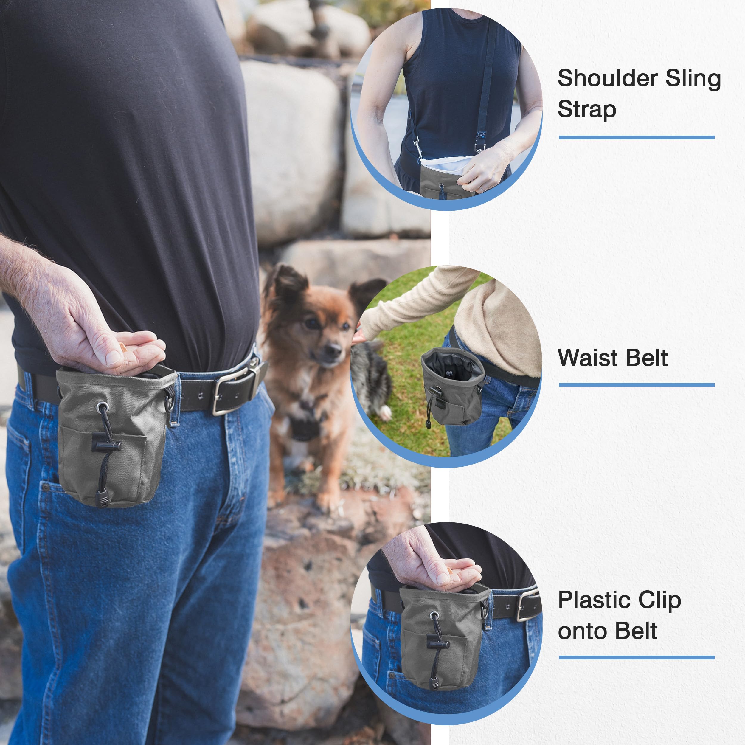 The Inquisitive Canine Little Dipper sling-strap usage shows versatile, hands-free carrying.