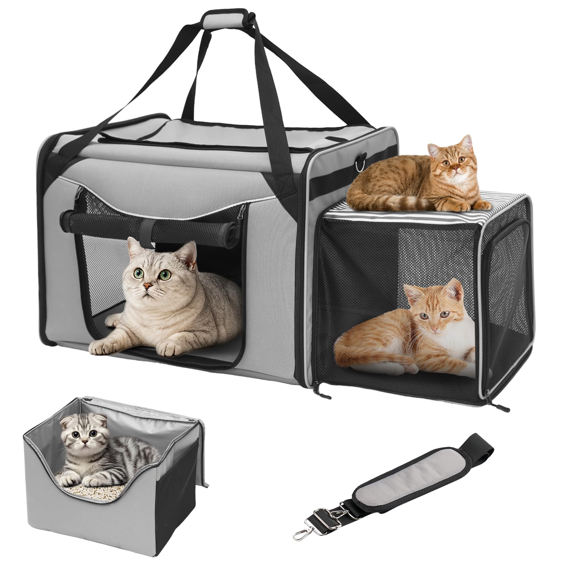 INRLKIT cat carrier with litter box overview showing leakproof setup.