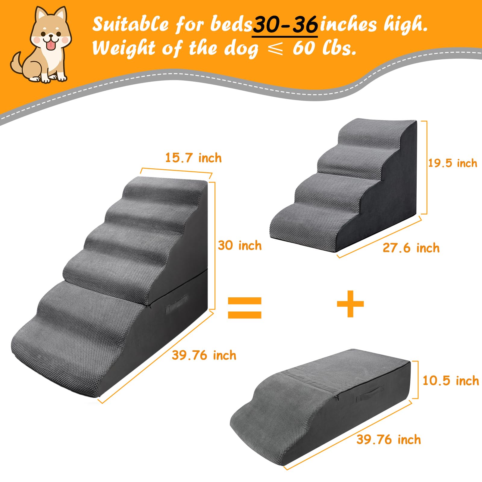 INRLKIT dog stairs memory foam steps provide sturdy footing and gentle cushioning
