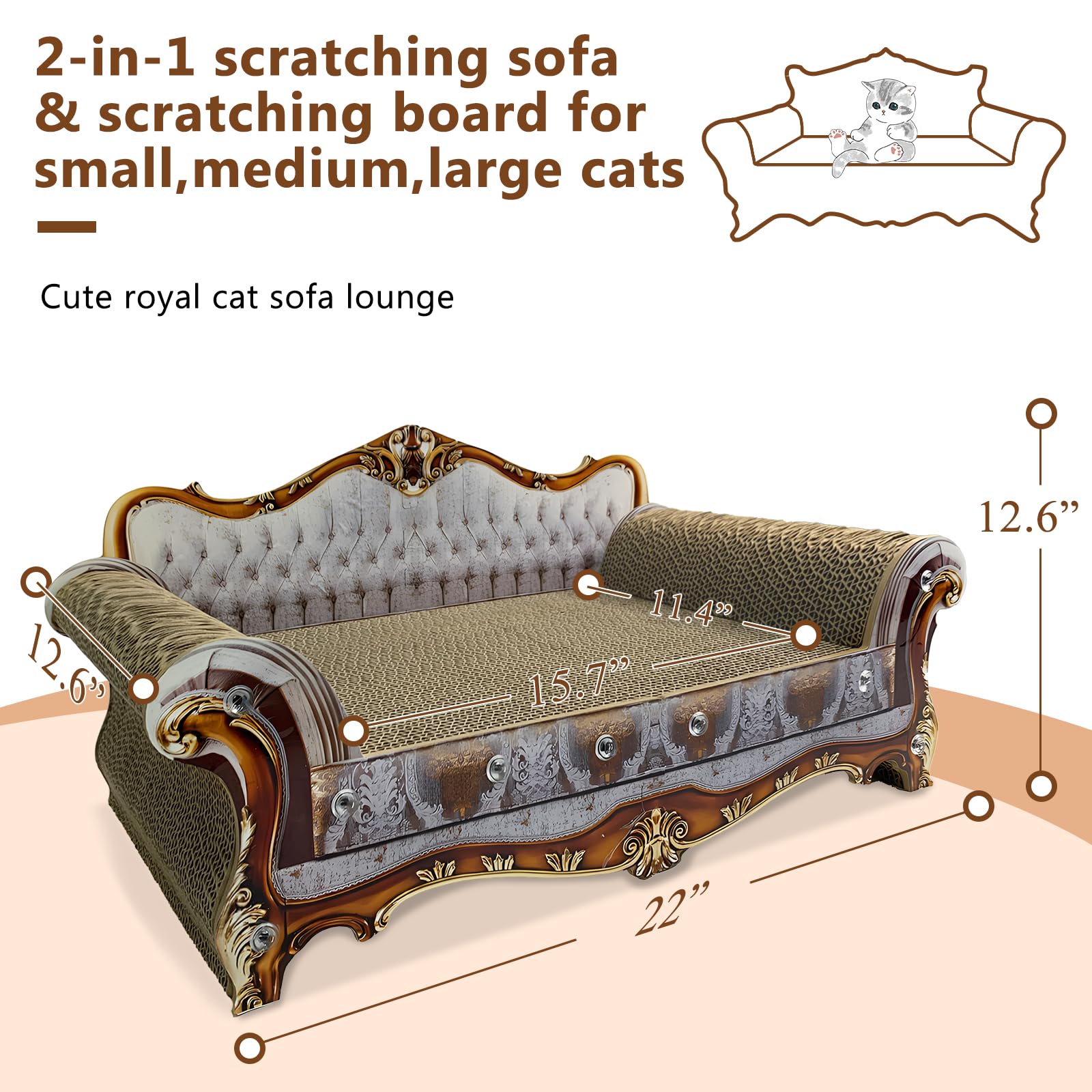 INRLKIT luxury cardboard cat scratcher sofa side view highlights sturdy cardboard and sleek grey finish