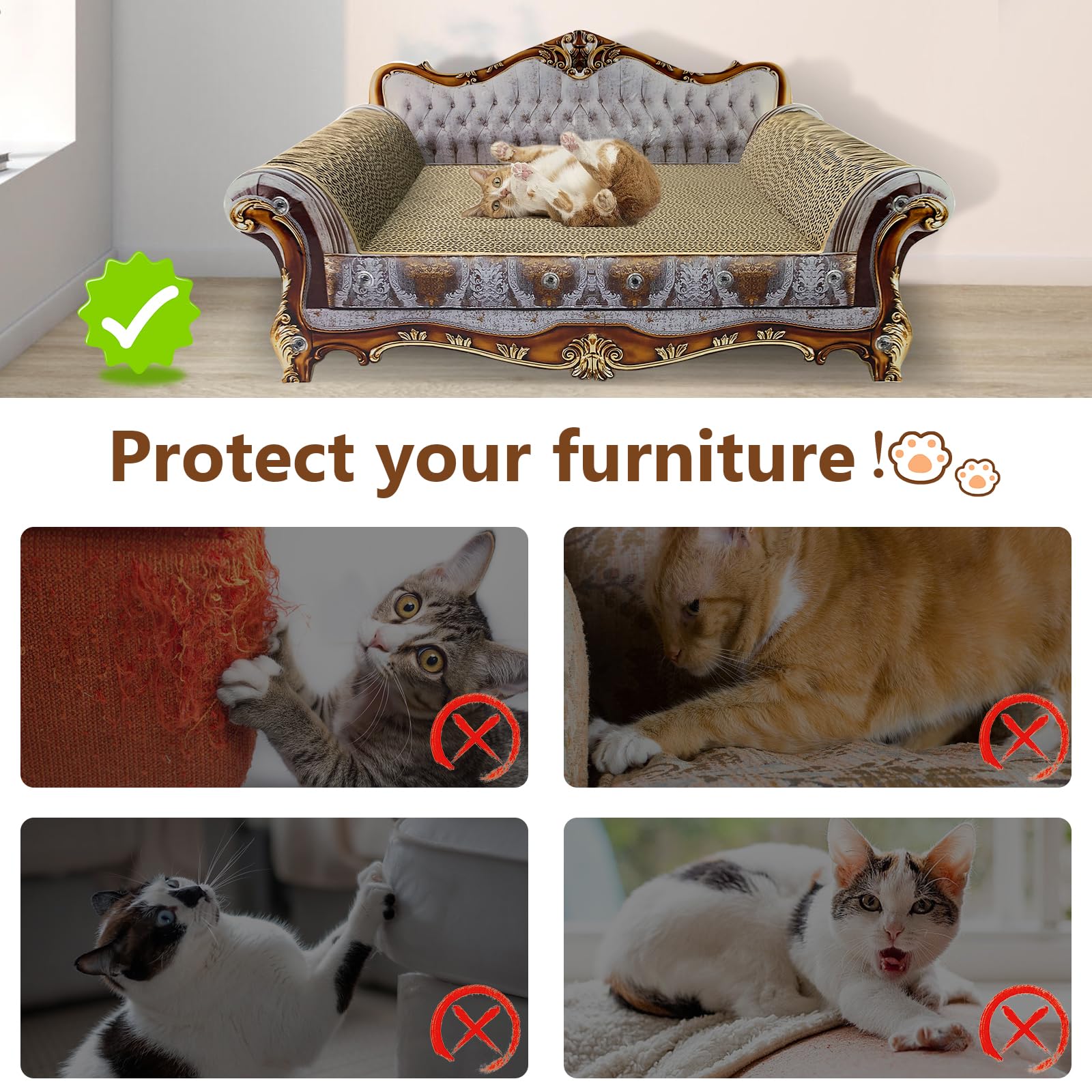INRLKIT luxury cardboard cat scratcher sofa in use with a relaxed cat