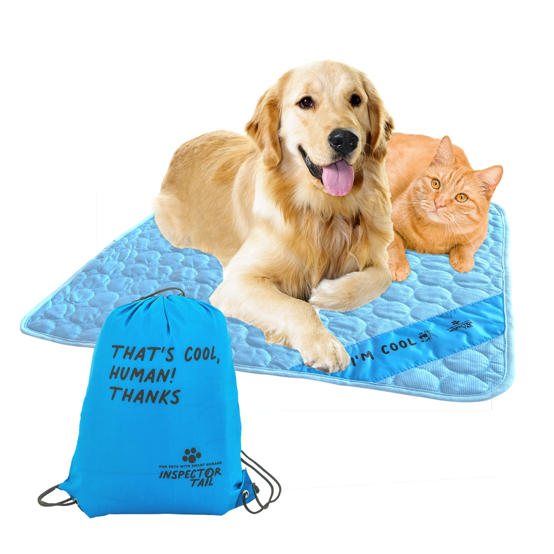 INSPECTOR TAIL self-cooling mat for dogs resting on a cozy bed.