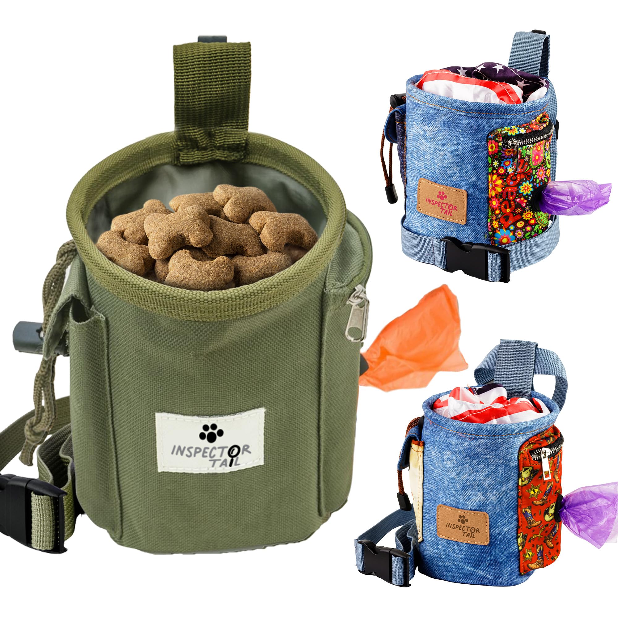 Inspector Tail dog treat pouch open showing 2 cup capacity for easy loading