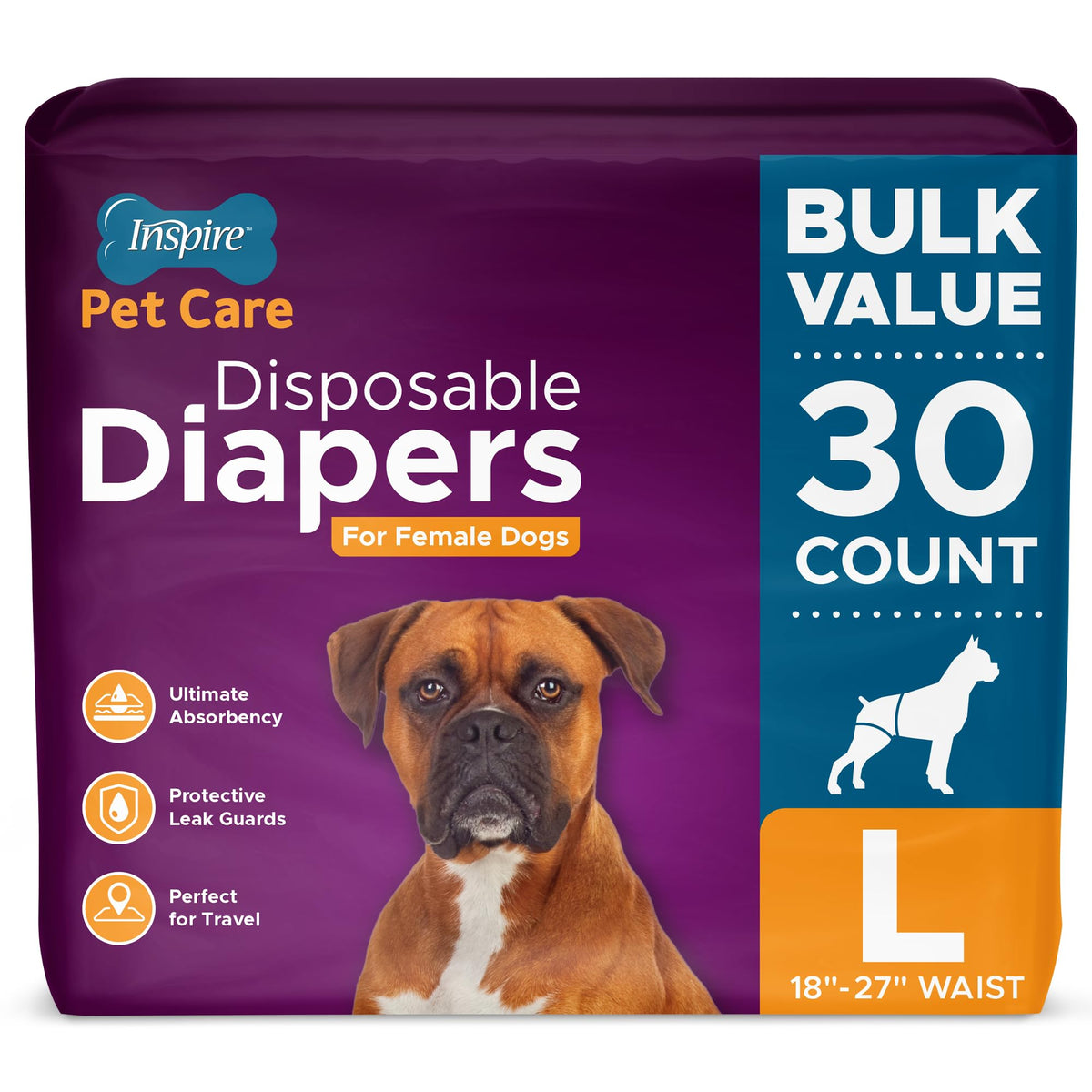 Inspire Pet Care dog diapers bulk pack front view showing bulk value and secure fit.