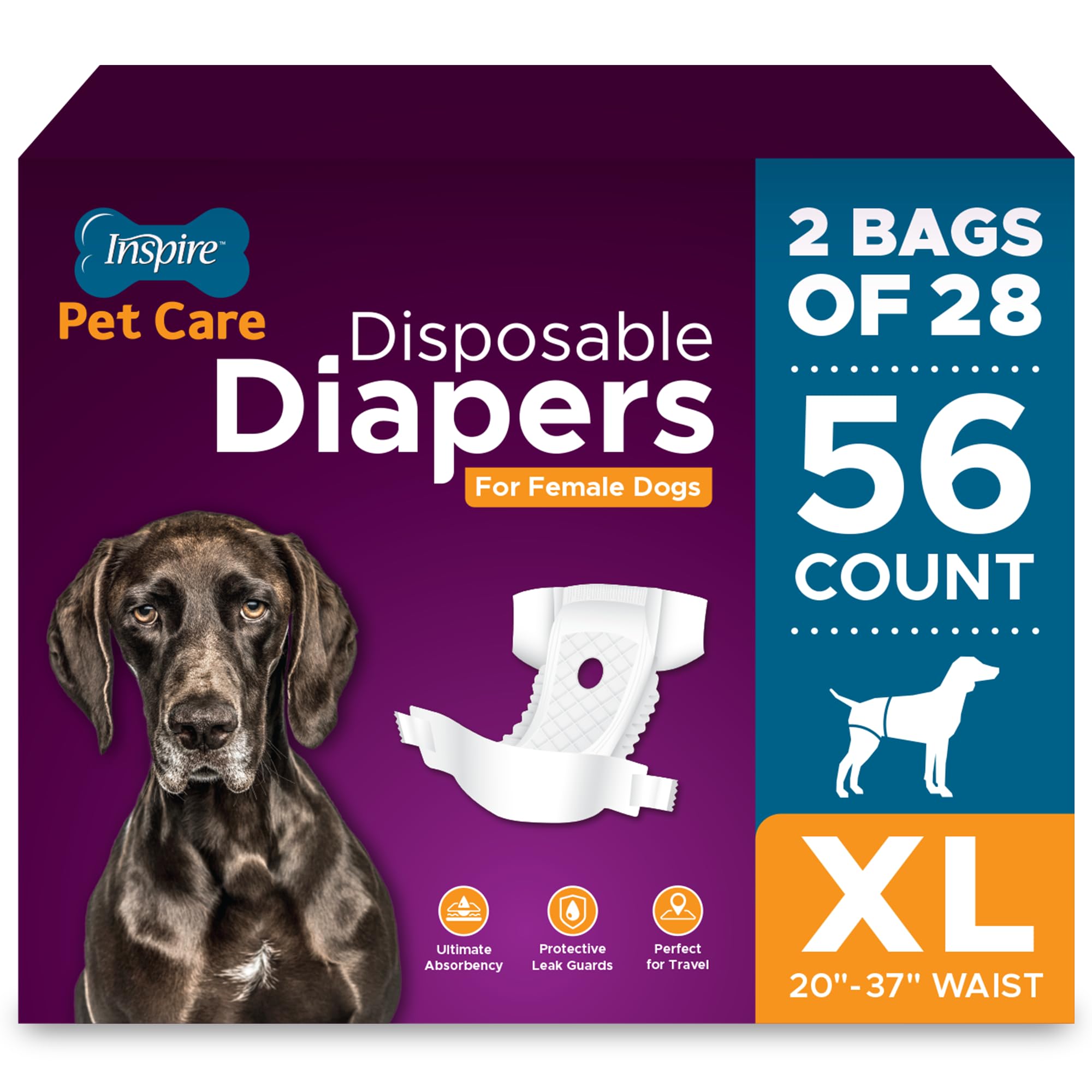 Inspire Pet Care dog diapers front view, bulk 56 count, offers reliable leak protection.