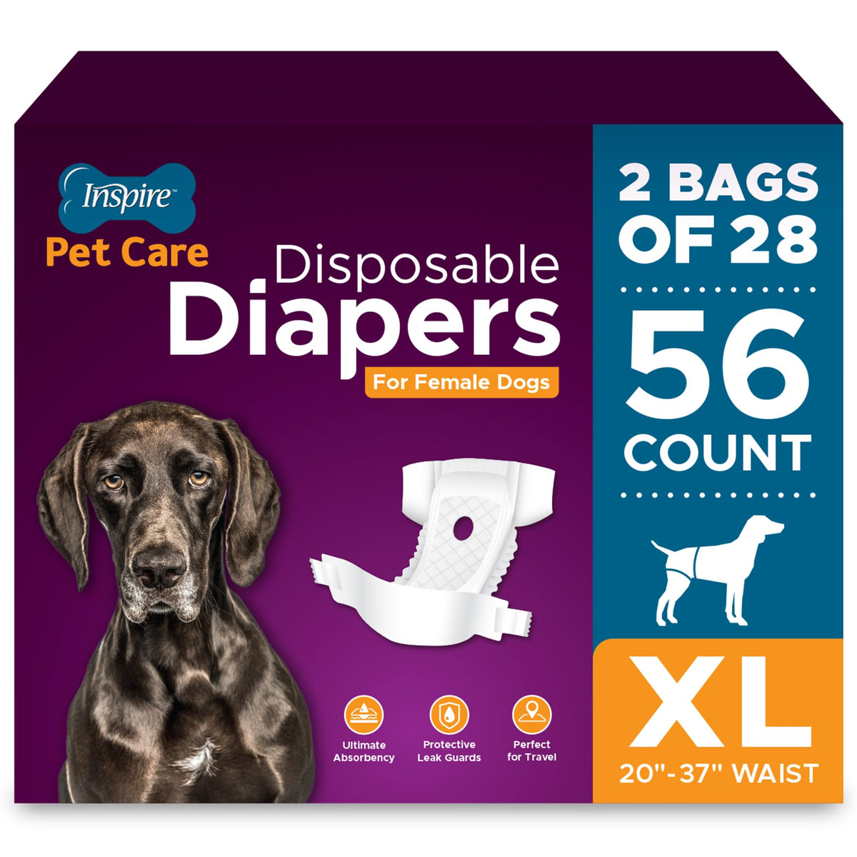 Inspire Pet Care dog diapers front view, bulk 56 count, offers reliable leak protection.