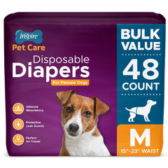 Inspire Pet Care dog diapers packaging highlights bulk value for easy restocking.