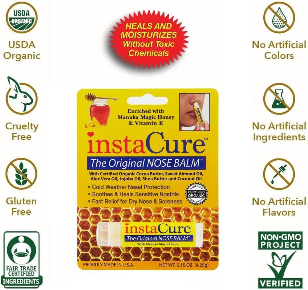 INSTACURE Original Nose Balm with raw Manuka honey and organic oils on display.