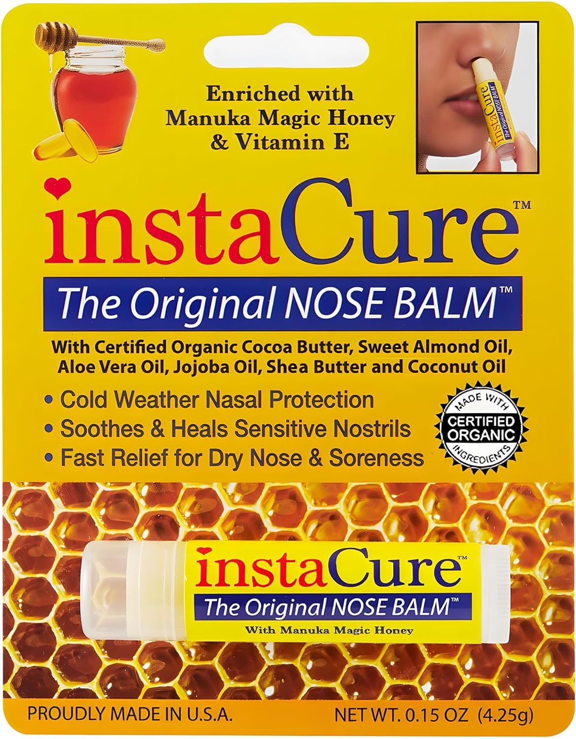 INSTACURE Original Nose Balm jar open for dry nose relief on cold days.