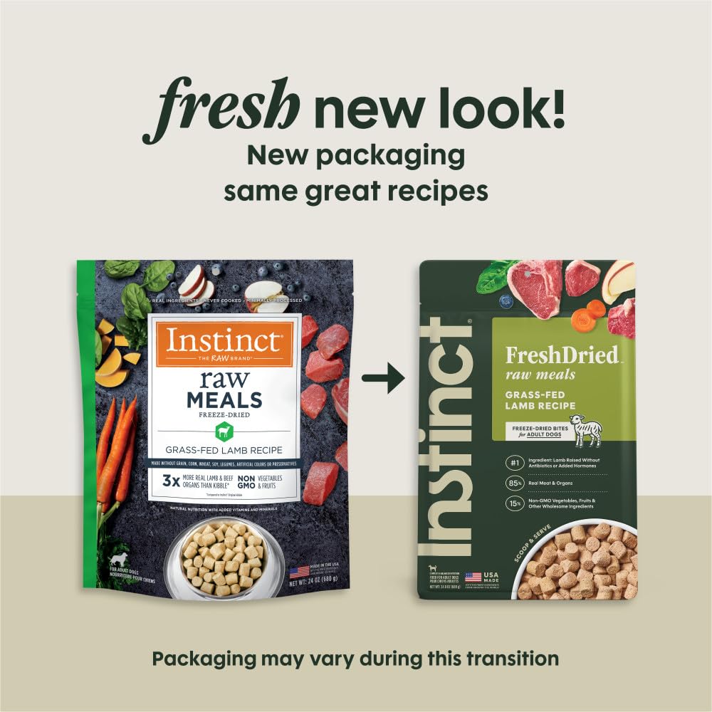 Instinct freeze-dried raw meals bag back shows feeding guidance and USA-made quality.