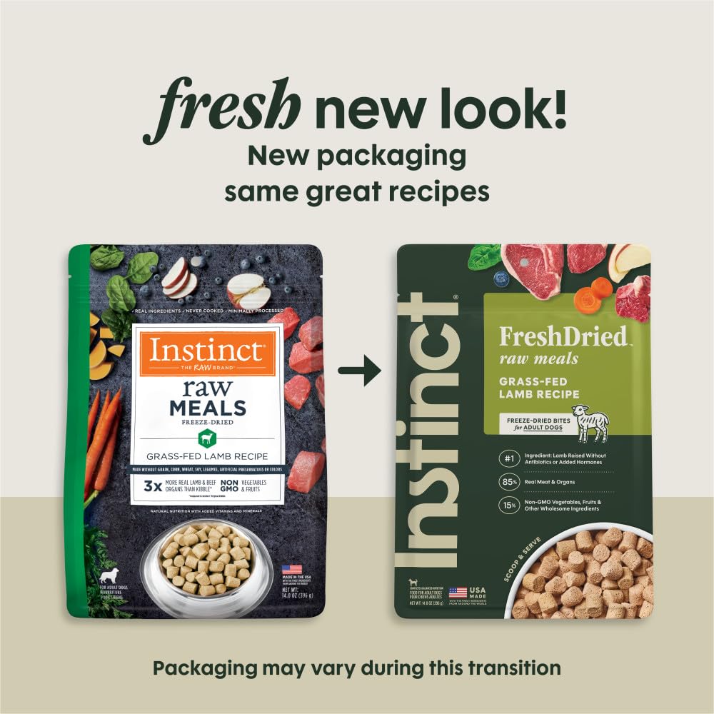 Instinct freeze-dried raw meals bag back shows nutrition facts and feeding guidance