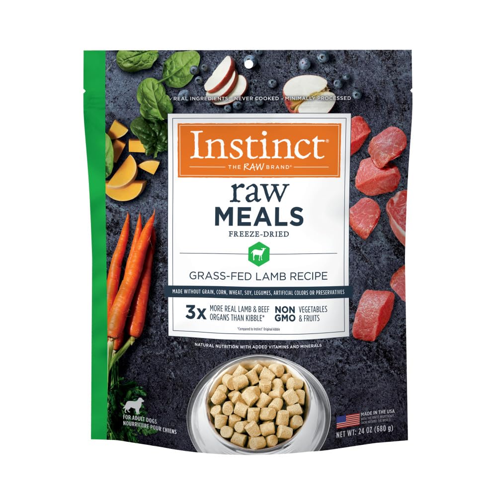 Instinct freeze-dried raw meals bag front highlights grain-free formula for lean muscles.