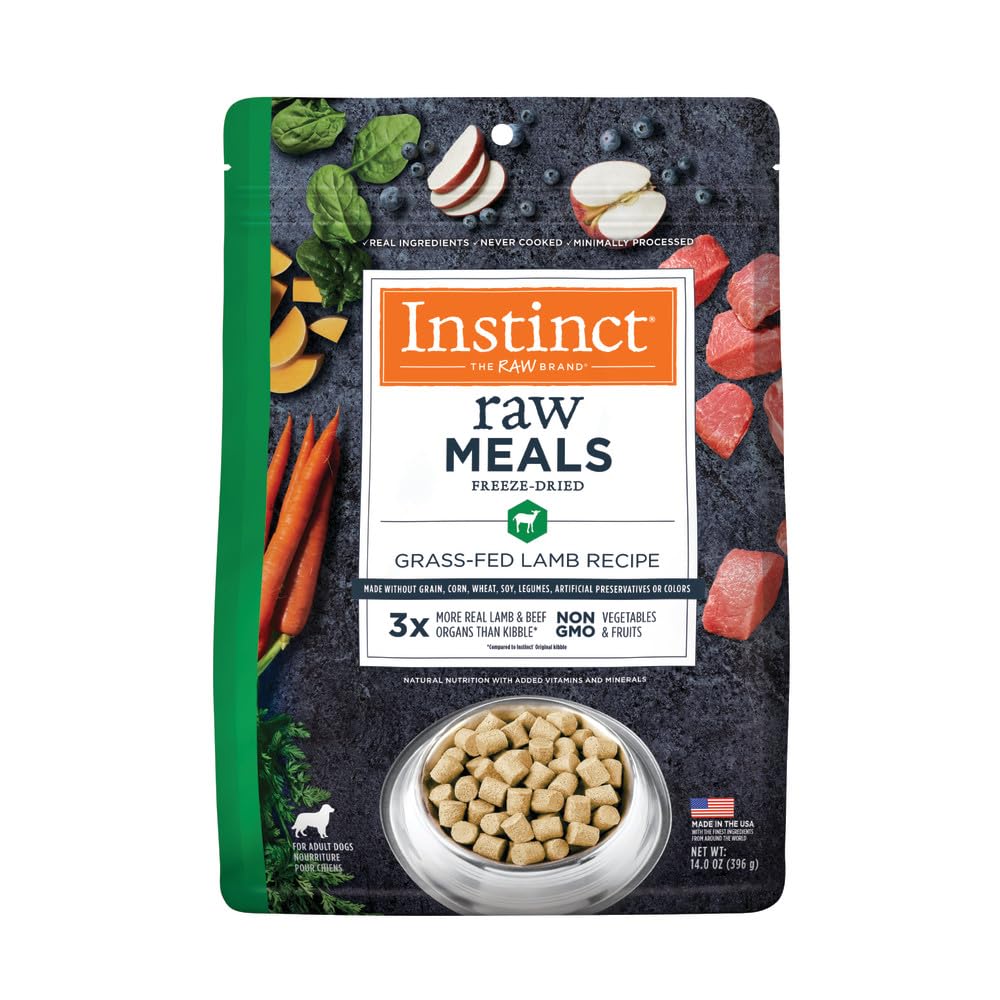 Instinct freeze-dried raw meals bag front highlights premium protein option for lean muscles