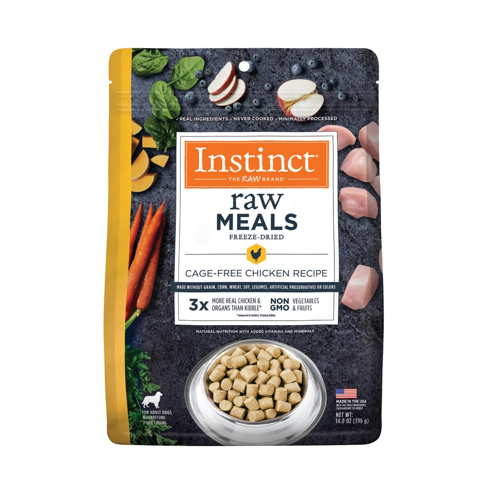 Instinct freeze-dried raw meals bag illustrates shelf-stable, high protein nutrition for dogs