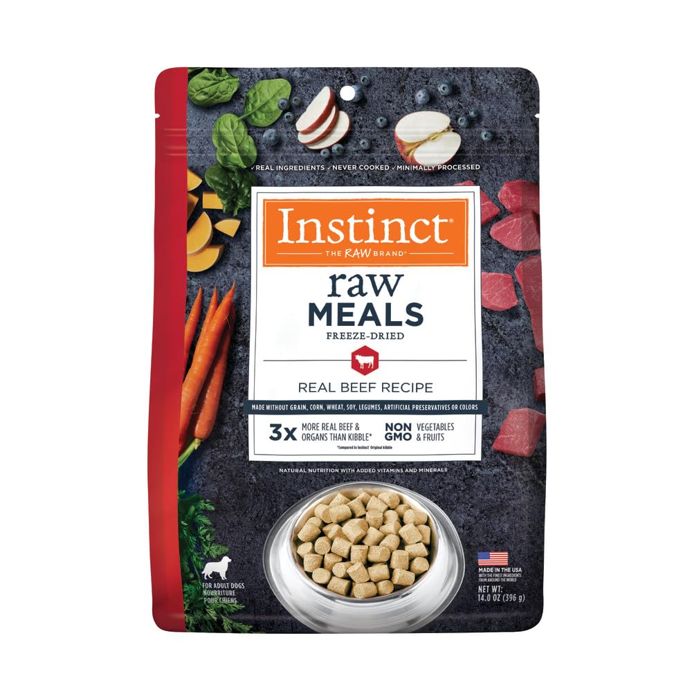 Instinct Freeze-Dried Raw Meals beef bag demonstrates real meat for lean muscle support.