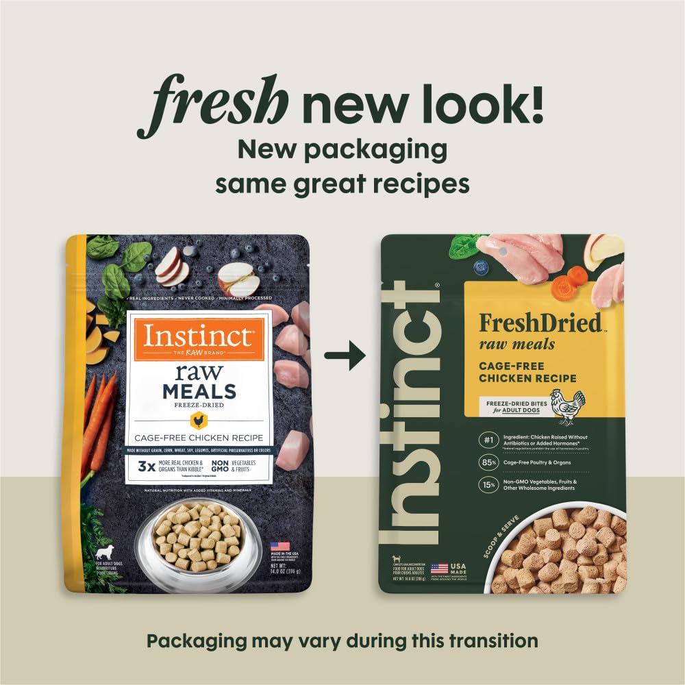 Instinct freeze-dried raw meals chicken pieces closeup shows lean protein for strong muscles