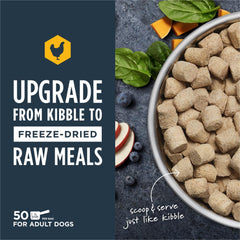 Instinct Freeze-Dried Raw Meals ingredients plate showcases 85% meat and organs.
