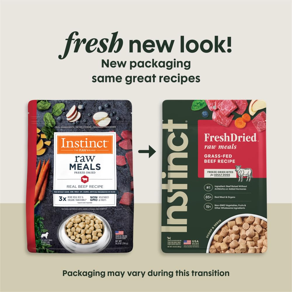 Instinct Freeze-Dried Raw Meals real-meat-closeup highlights high-protein option for active dogs.