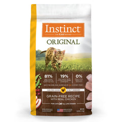 Instinct Original dry cat food bag front highlights grain-free nutrition for indoor cats.