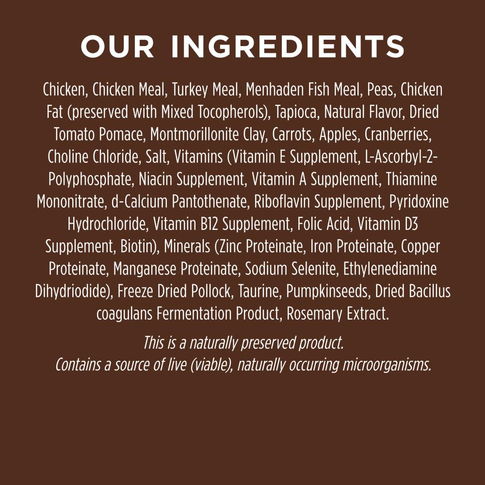 Instinct Original dry cat food ingredient-mix shows real chicken and wholesome produce.
