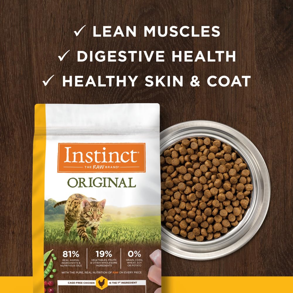 Instinct Original dry cat food skin-coat nourishment image suggests healthy fur glow.