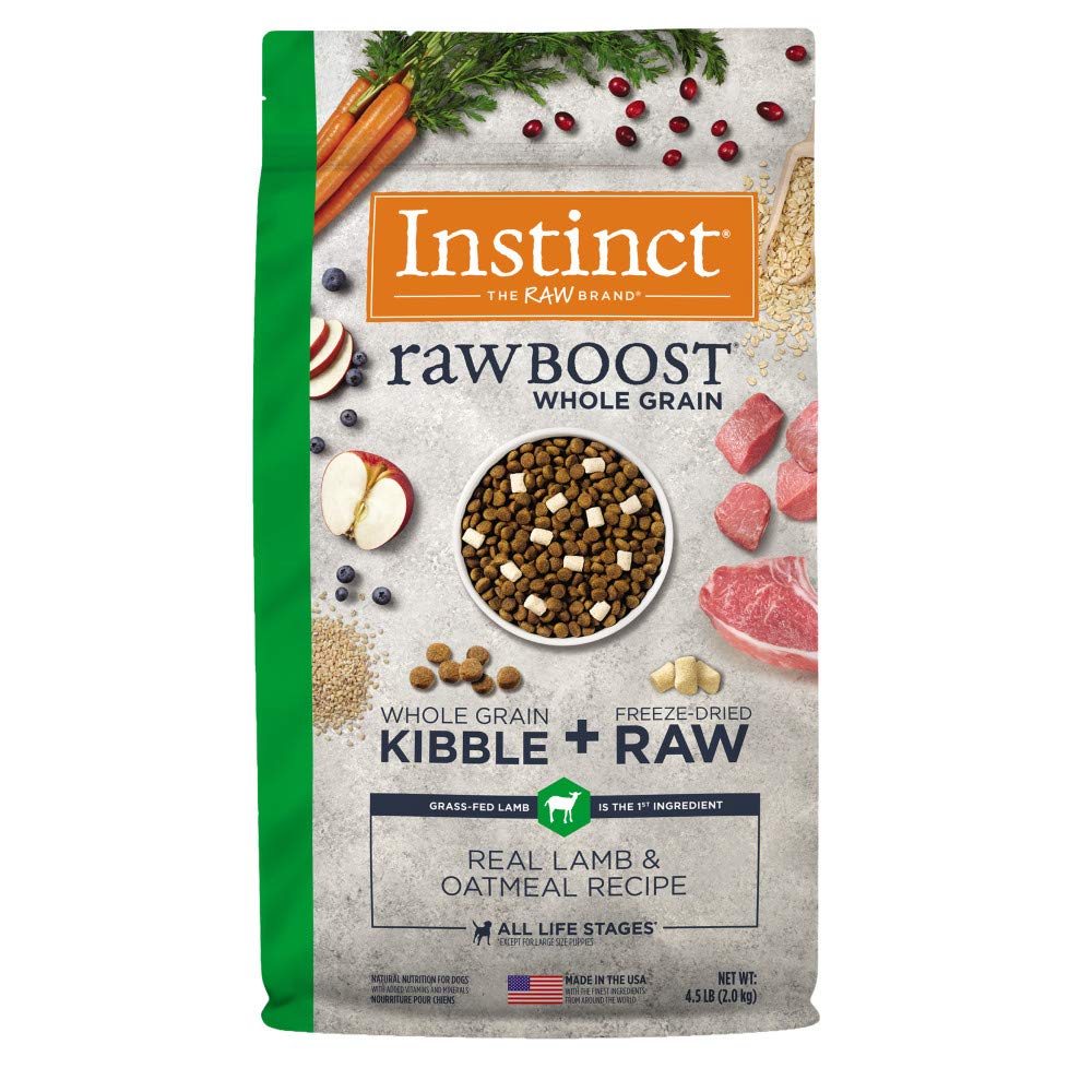 Instinct Raw Boost lamb-oatmeal-dry-dog-food-bag highlights a high-protein formula for active dogs