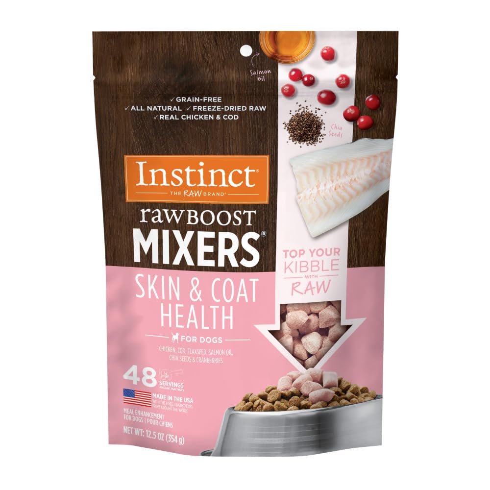 Instinct Raw Boost Mixers Skin & Coat Health bag shows grain-free topper for meals