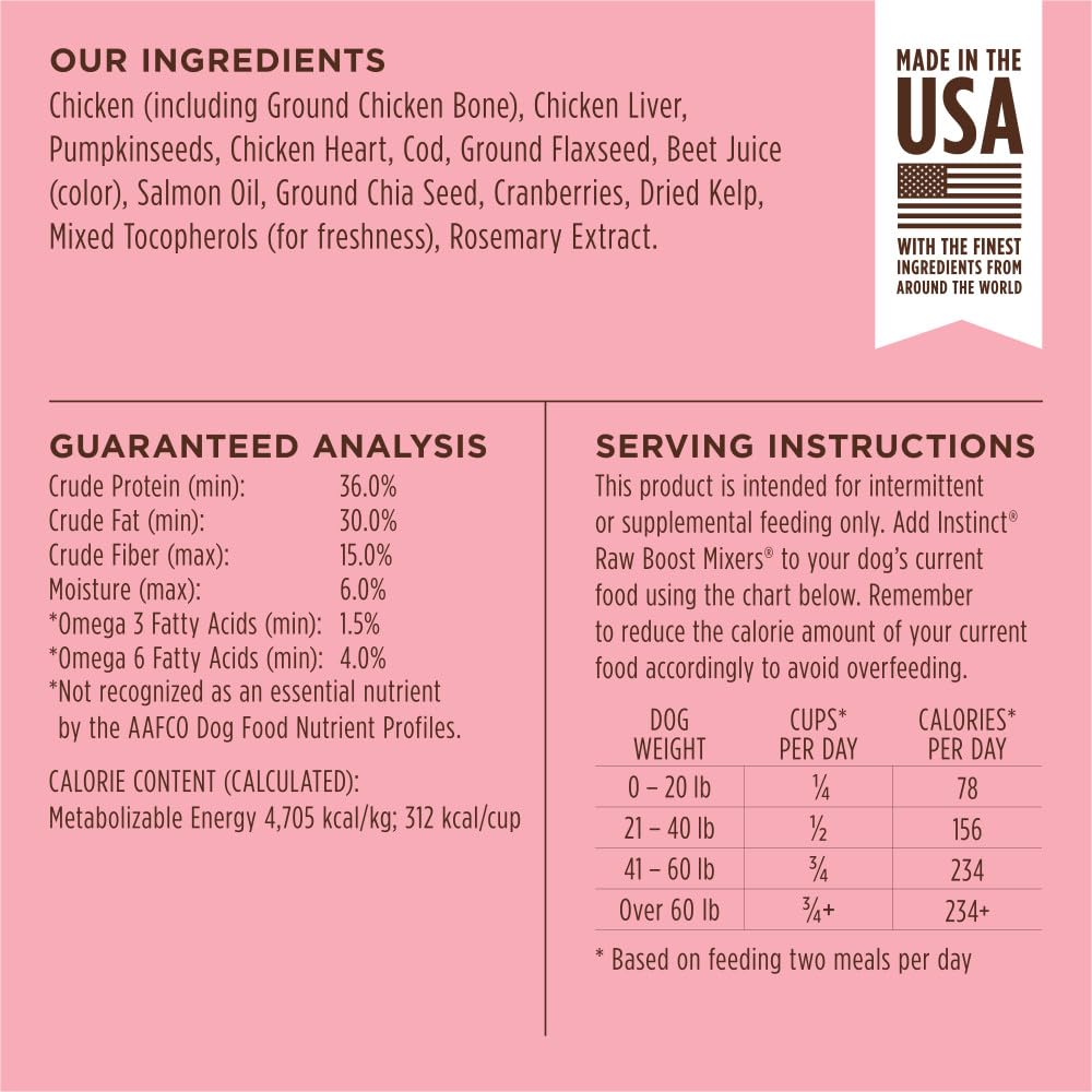 Instinct Raw Boost Mixers USA-made label reinforces trusted dog topper quality