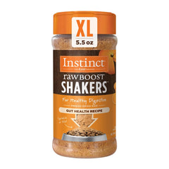 Instinct Raw Boost Shakers bottle front shows grain-free dog topper for digestion.