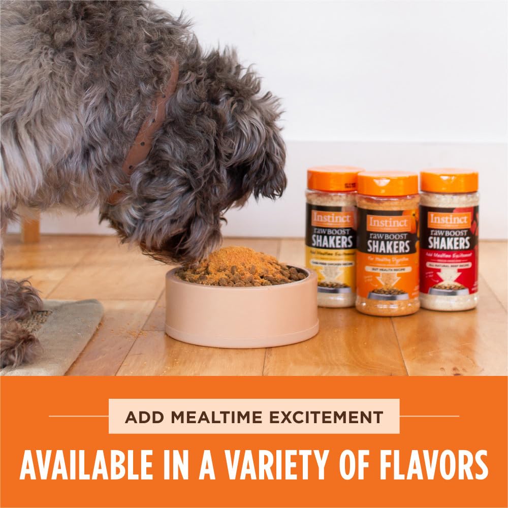 Instinct Raw Boost Shakers support digestive health in dogs with cage-free chicken.