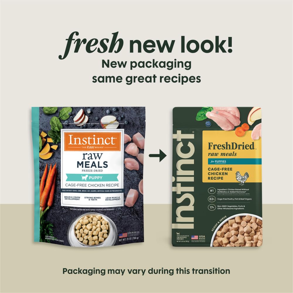 Instinct Raw Meals Freeze-Dried Puppy Chicken bag back highlights nutrient-rich, grain-free recipe.