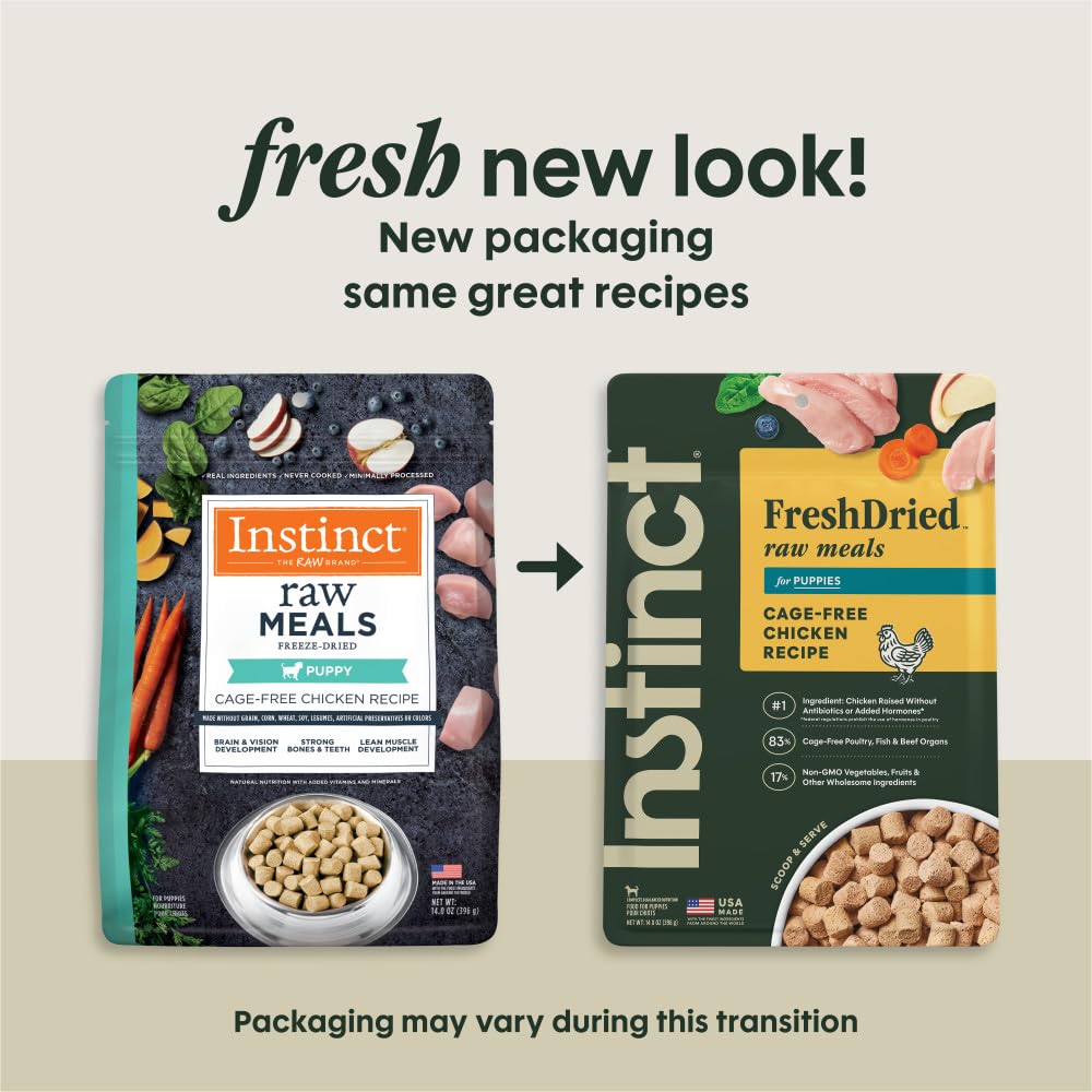 Instinct Raw Meals freeze-dried puppy chicken bag back reveals real meat content and feeding guidance.