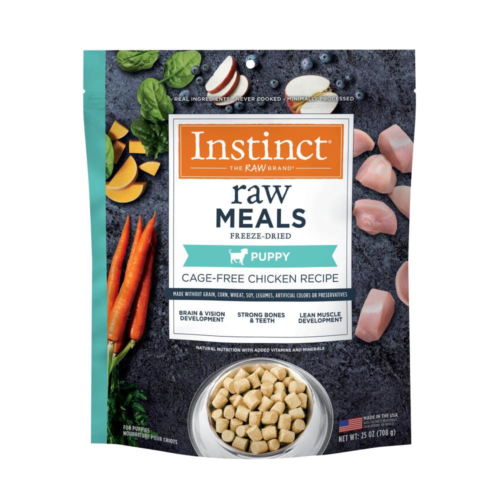 Instinct Raw Meals Freeze-Dried Puppy Chicken bag front emphasizes shelf-stable, high-protein nutrition.