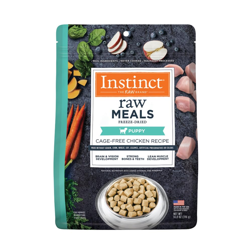 Instinct Raw Meals freeze-dried puppy chicken bag front shows premium nutrition and shelf-stable convenience.