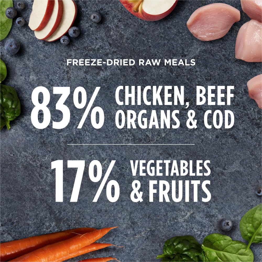 Instinct Raw Meals Freeze-Dried Puppy Chicken serving bowl scene suggests easy portioning for growing pups.