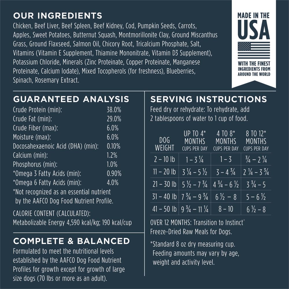 Instinct Raw Meals freeze-dried puppy chicken serving bowl suggests ready-to-use meal option.