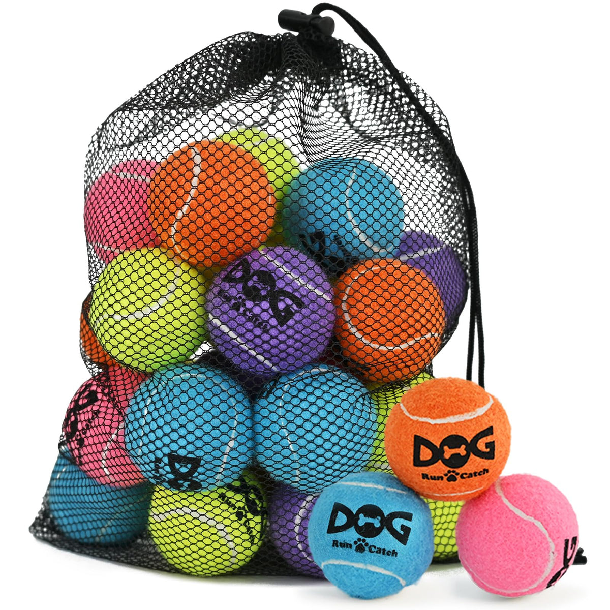 INSUM 20-pack small tennis balls front view for high-visibility fetch in small dogs.
