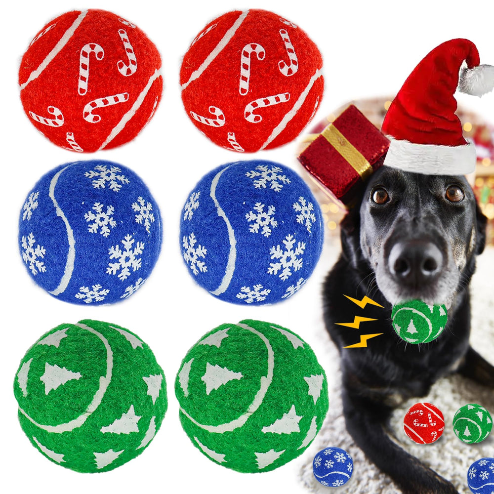 INSUM Christmas dog balls 6-pack closeup shows festive red, green and blue colors for indoor fetch